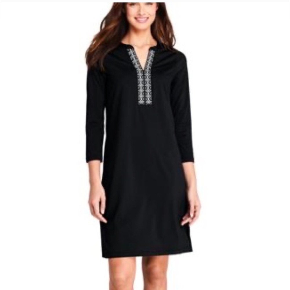 Lands' End Embroidered Black 3/4 Sleeve Swim Cover-up Minimalist Dress sz S